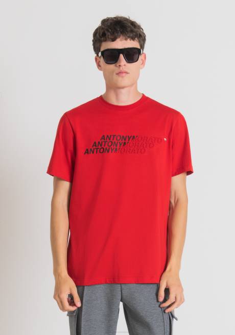 T-shirt coupe classique en coton avec logo imprimé effet caoutchouc Antony Morato rouge Hommes vêtements 4B4P172