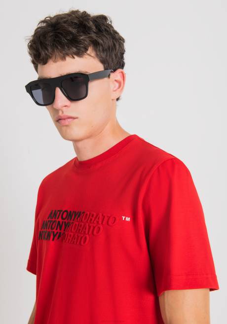 T-shirt coupe classique en coton avec logo imprimé effet caoutchouc Antony Morato rouge Hommes vêtements 4B4P172