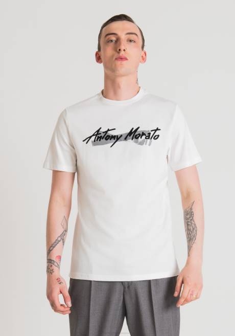 T-shirt coupe classique en pur coton avec logo imprimé caoutchouté Antony Morato crème Hommes vêtements 4B4P203