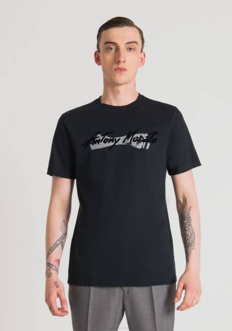 T-shirt coupe classique en pur coton avec logo imprimé caoutchouté Antony Morato encre bleue Hommes vêtements 4B4P204