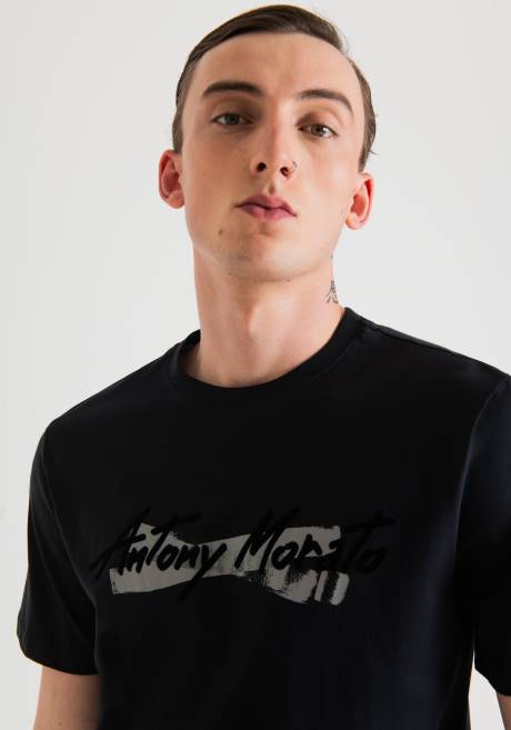 T-shirt coupe classique en pur coton avec logo imprimé caoutchouté Antony Morato encre bleue Hommes vêtements 4B4P204