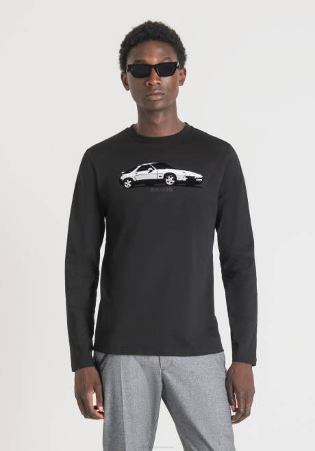 T-shirt coupe classique à manches longues en coton doux avec imprimé voiture Antony Morato noir Hommes vêtements 4B4P210