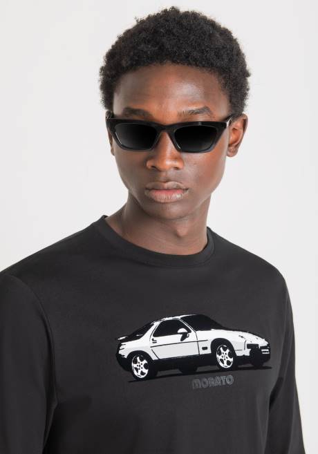 T-shirt coupe classique à manches longues en coton doux avec imprimé voiture Antony Morato noir Hommes vêtements 4B4P210