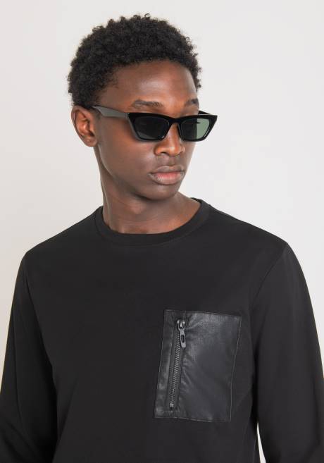 t-shirt coupe classique à manches longues en 100% coton avec poche zippée en simili cuir Antony Morato noir Hommes vêtements 4B4P211