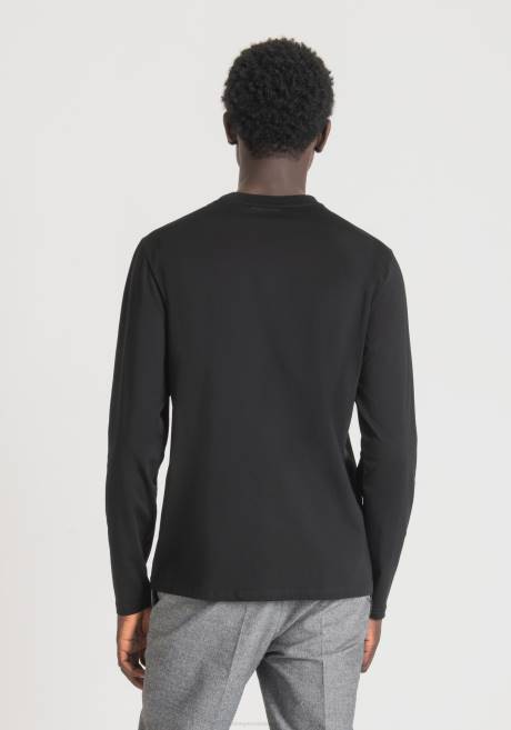t-shirt coupe classique à manches longues en 100% coton avec poche zippée en simili cuir Antony Morato noir Hommes vêtements 4B4P211