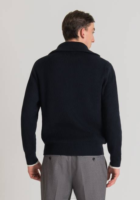 sweat-shirt coupe classique avec zip en fil de laine mélangée avec côtes anglaises all-over Antony Morato encre bleue Hommes vêtements 4B4P92