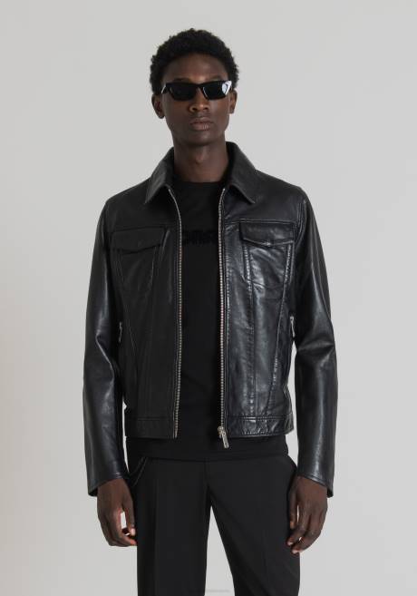 veste slim fit en cuir véritable avec col chemise Antony Morato noir Hommes vêtements 4B4P1