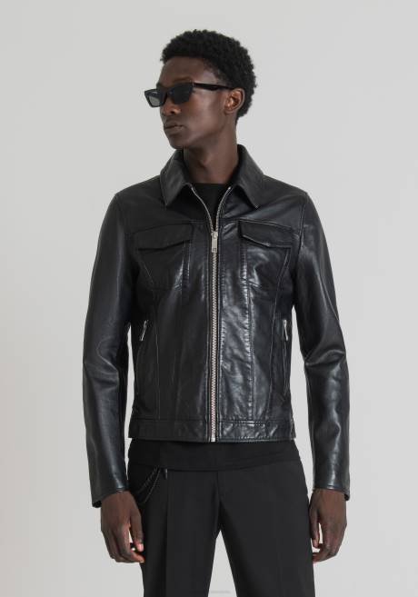 veste slim fit en cuir véritable avec col chemise Antony Morato noir Hommes vêtements 4B4P1